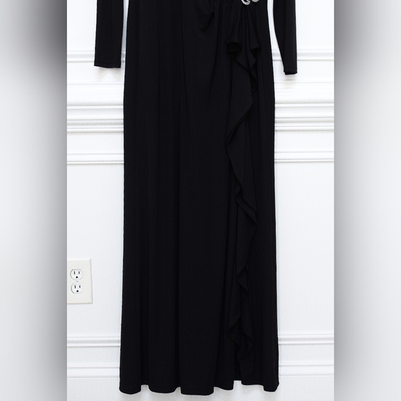 Lauren Ralph Lauren Ruffle Trim Jersey Gown Black Chain Detail Size 14 Formal - Picture 7 of 10